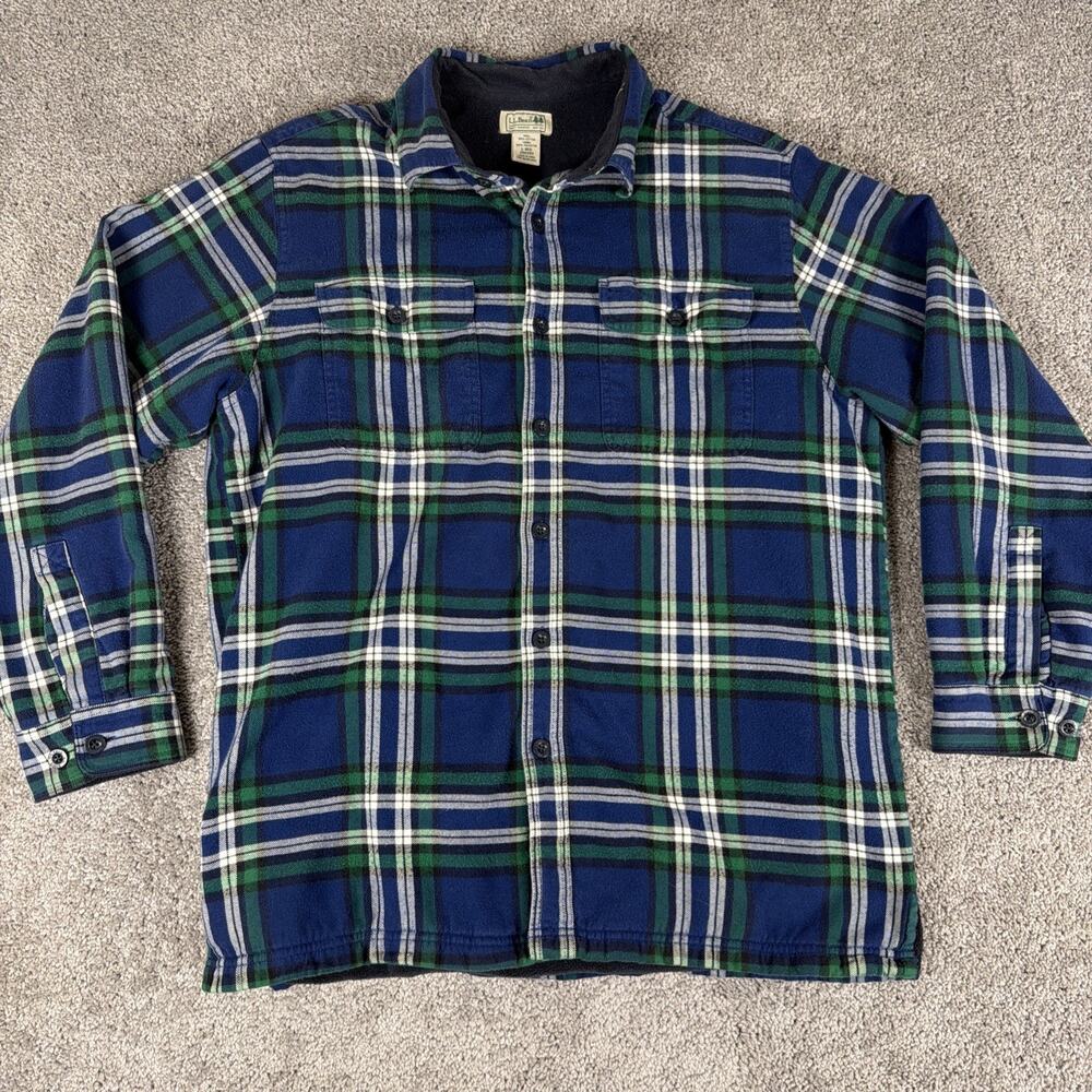 LL Bean Fleece Lined Flannel Shirt Jacket Mens L Reg Blue Green Plaid Gorpcore